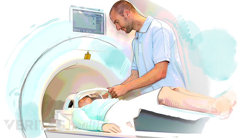 An illustration showing a technician helping a patient with MRI.